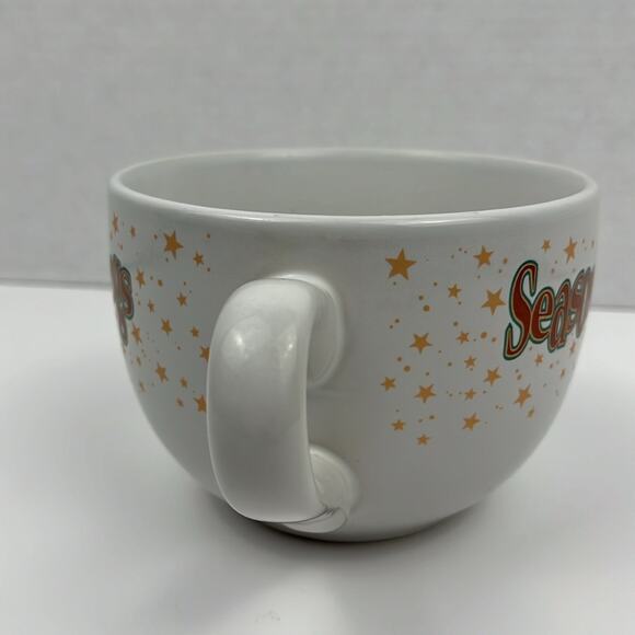 Seasons Greetings Soup Mug Bowl with Handle White Ceramic 5 Inch Holiday - Picture 3 of 6